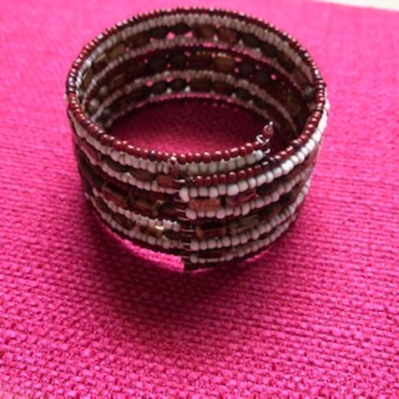 Boho Expandable Beaded Cuff Bracelet Brn+Burg OS - Picture 2 of 2